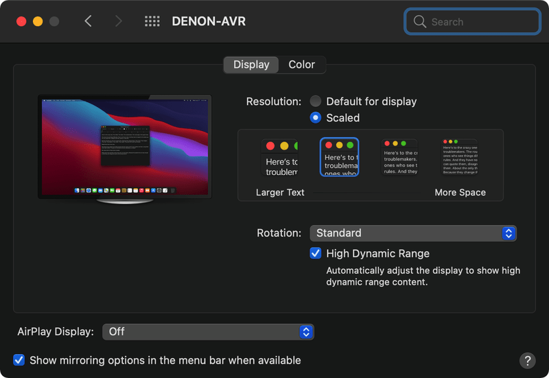 Apple M1 Silcon displays hdr setting