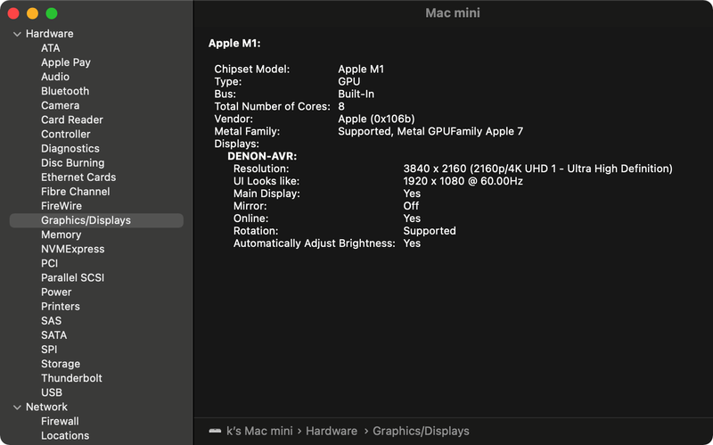 Apple M1 Silcon system report graphics/displays