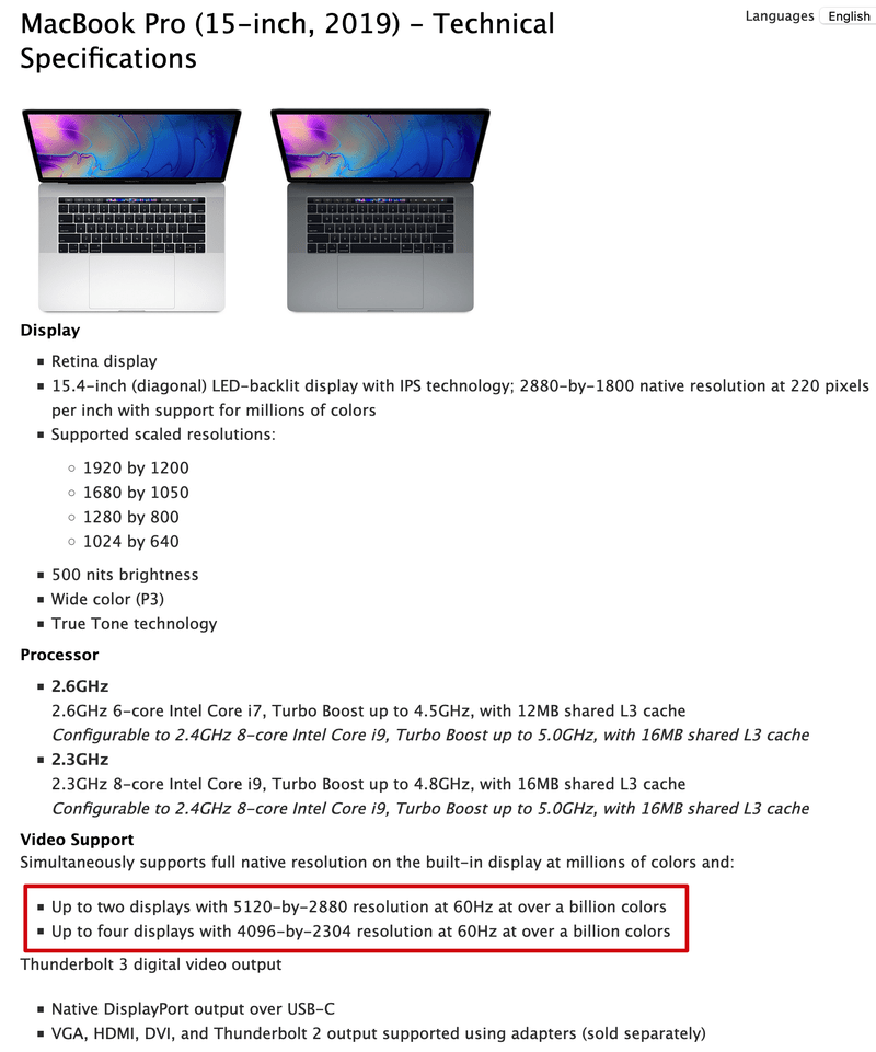 Apple MacBook Pro specifications showing support for outputting "Billions of colors"