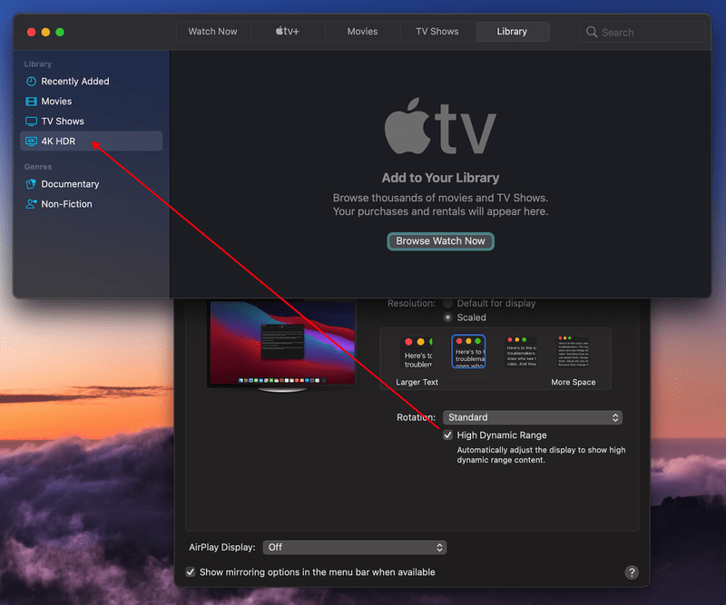 Apple TV app shows HDR category when HDR is enabled in display settings