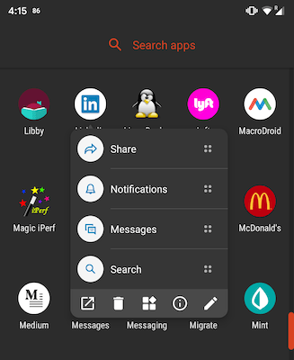 Android app settings in Nova Launcher with long press