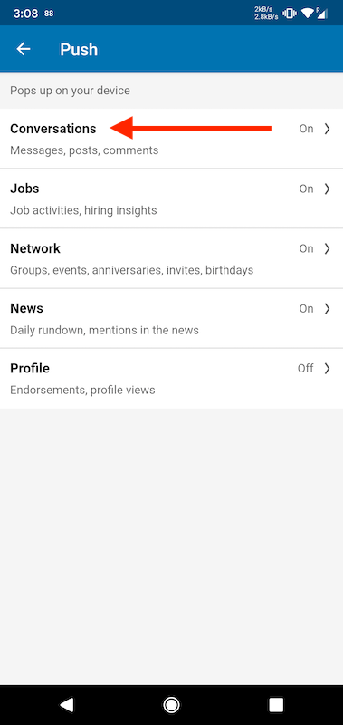 LinkedIn Android App Customize Push Notifications