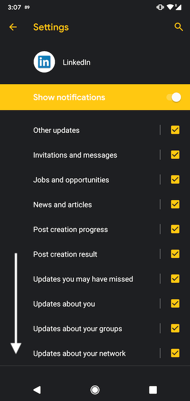 LinkedIn Android app notification settings