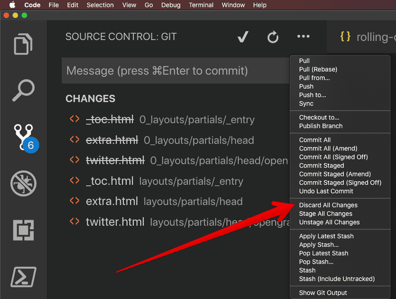 how to discard git changes in Visual Studio Code