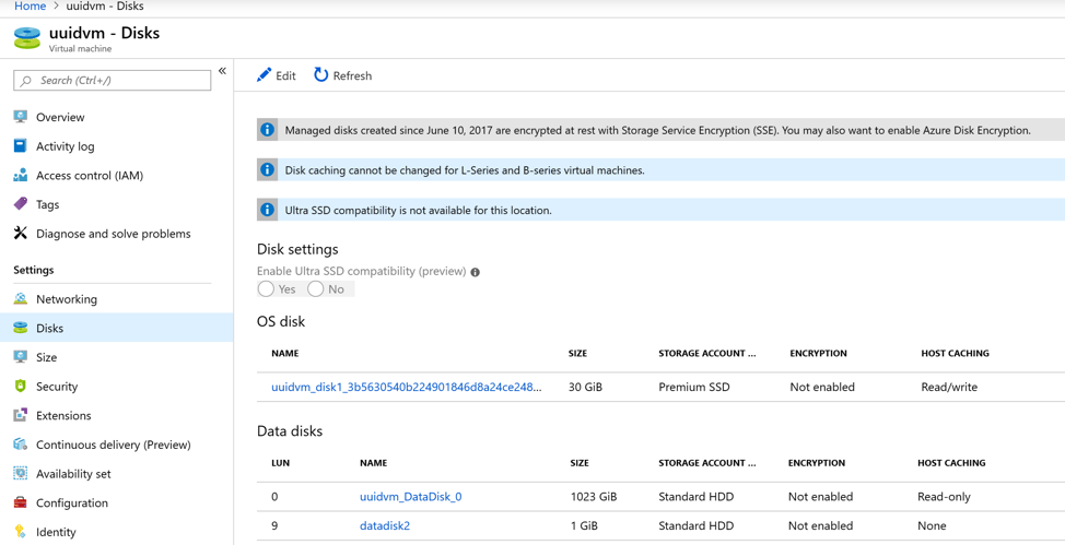 Azure VM disks property page