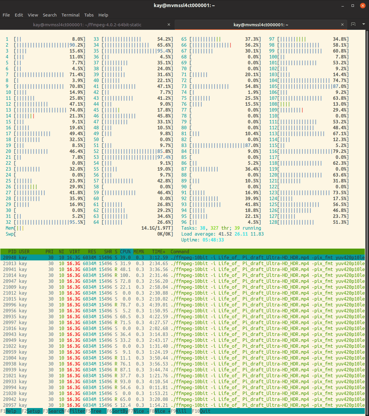 128 core htop 1 encode x265