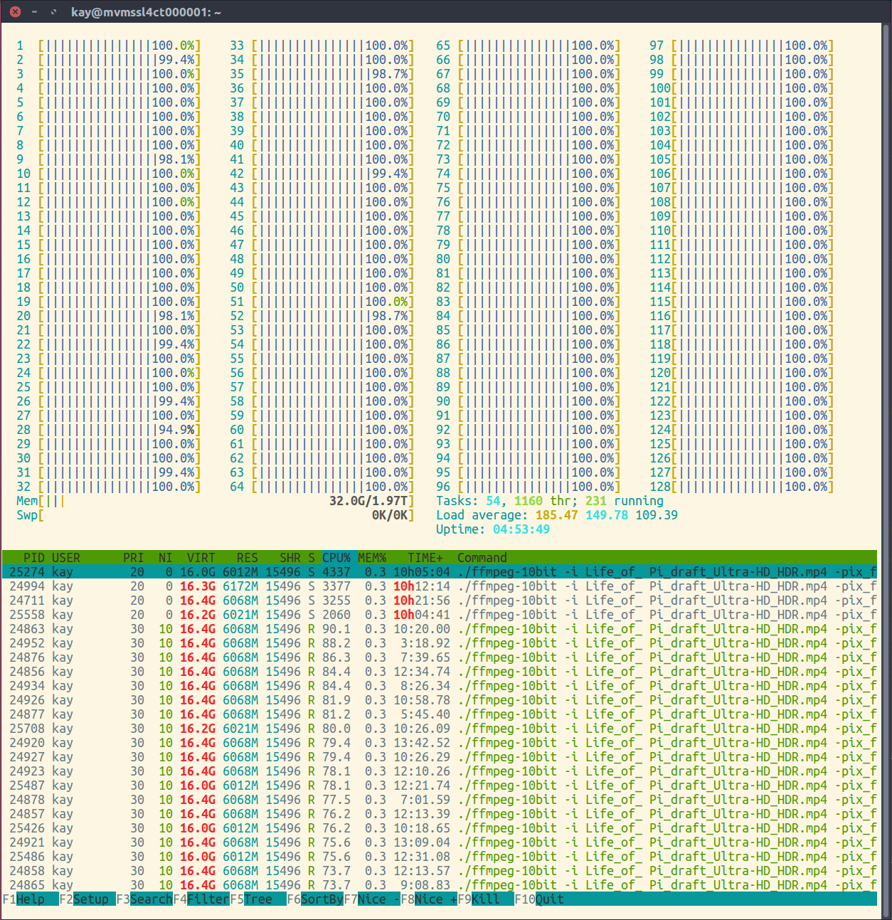128 core htop 4 encodes x265 4k HDR